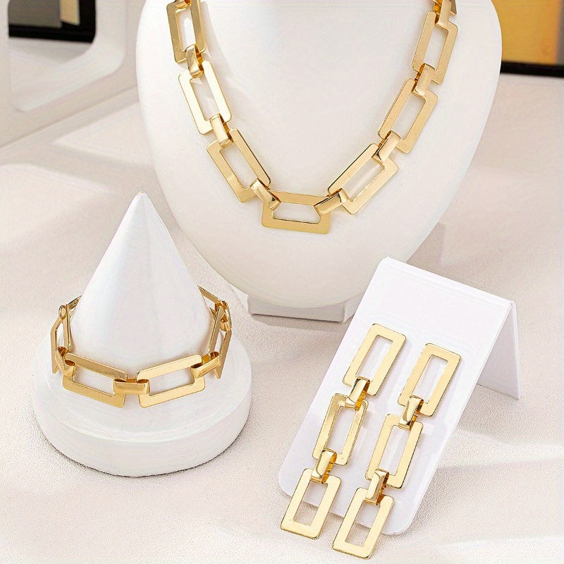 3pcs Personalized, Fashionable, Elegant, Retro Style Golden Necklace, Geometric Earrings, Bracelet Jewelry, Square Style Leopard Print Golden Necklace, Bracelet Earrings Set Suitable for Parties and Banquets